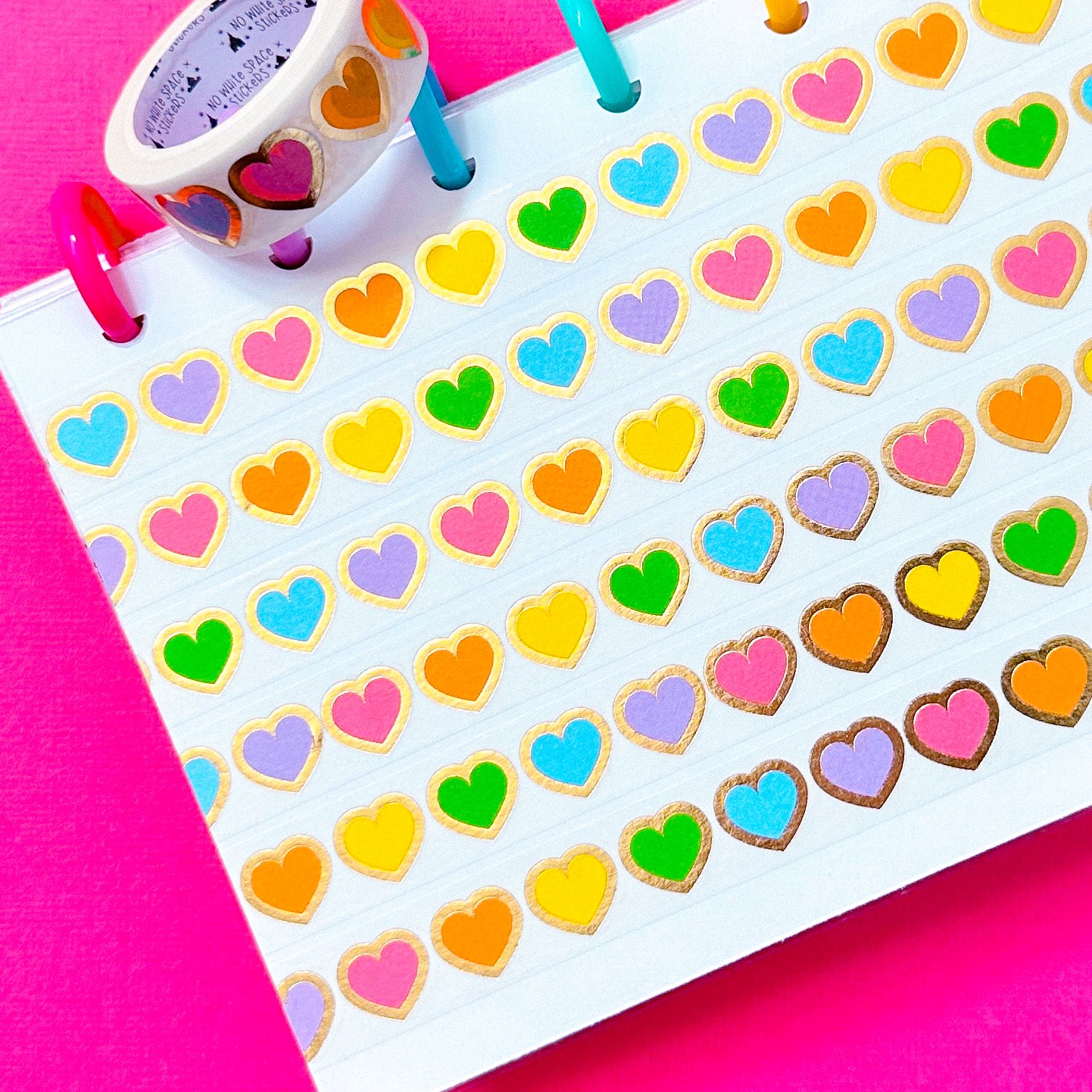 15MM Foiled Washi Tape - Rainbow Hearts + Gold Outlines