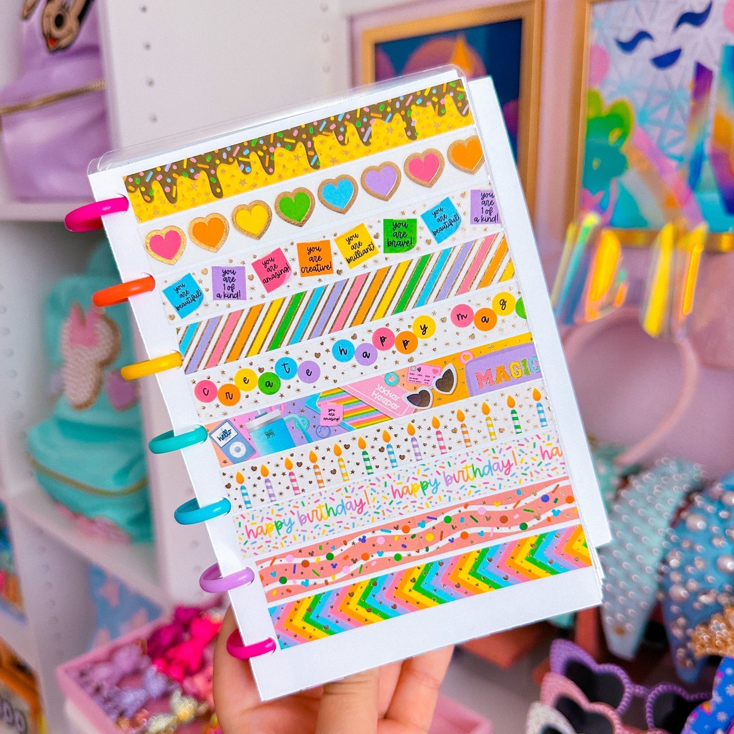 15MM Foiled Washi Tape - Rainbow Hearts + Gold Outlines
