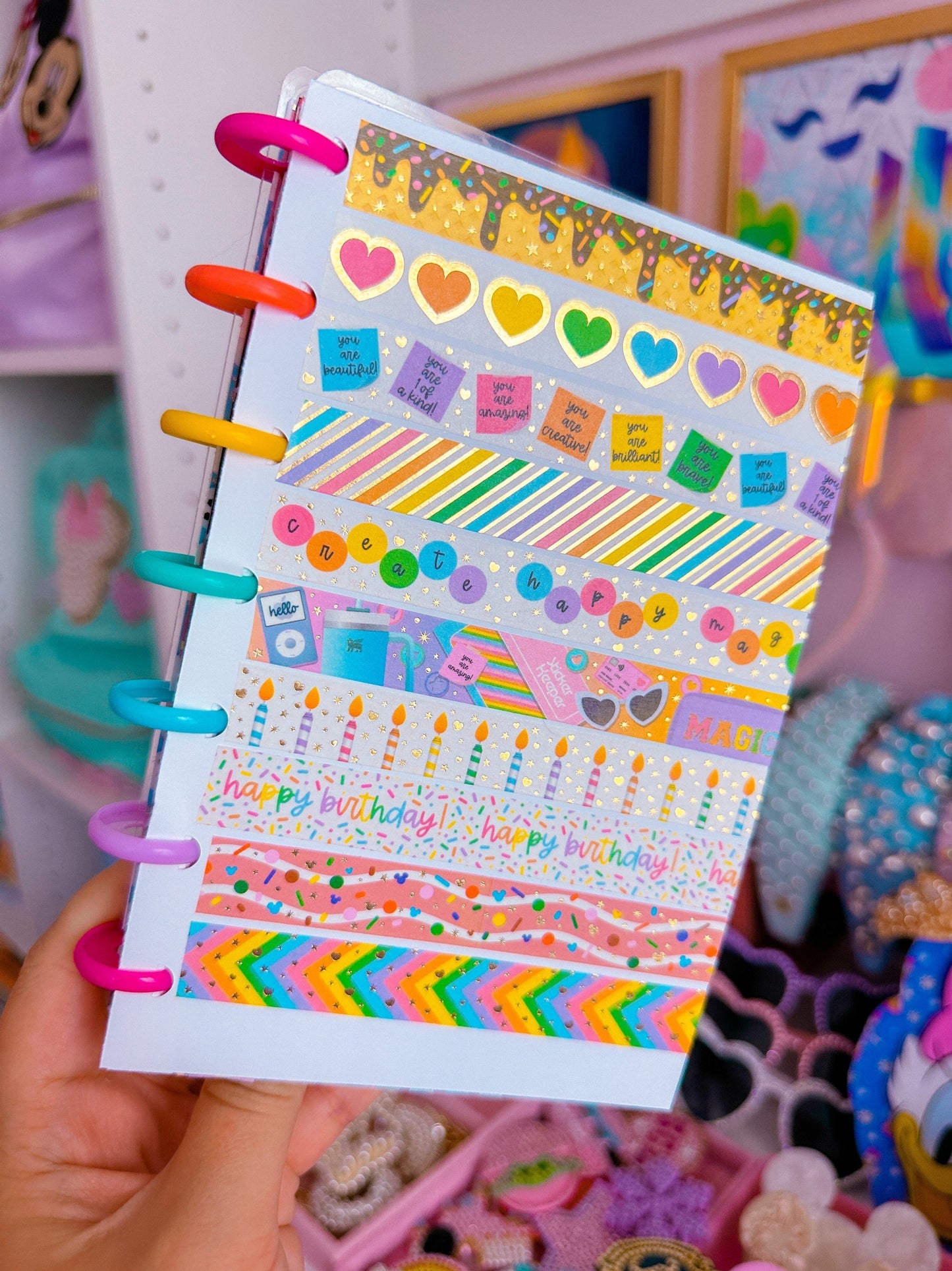 15MM Foiled Washi Tape - Rainbow Hearts + Gold Outlines