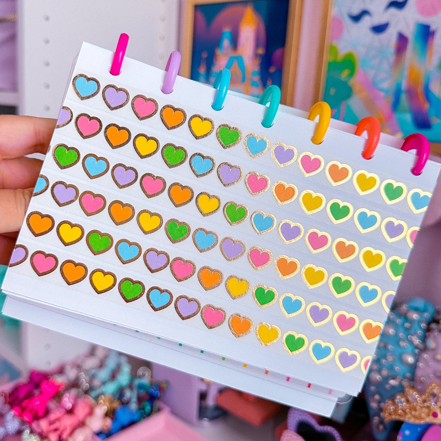 15MM Foiled Washi Tape - Rainbow Hearts + Gold Outlines