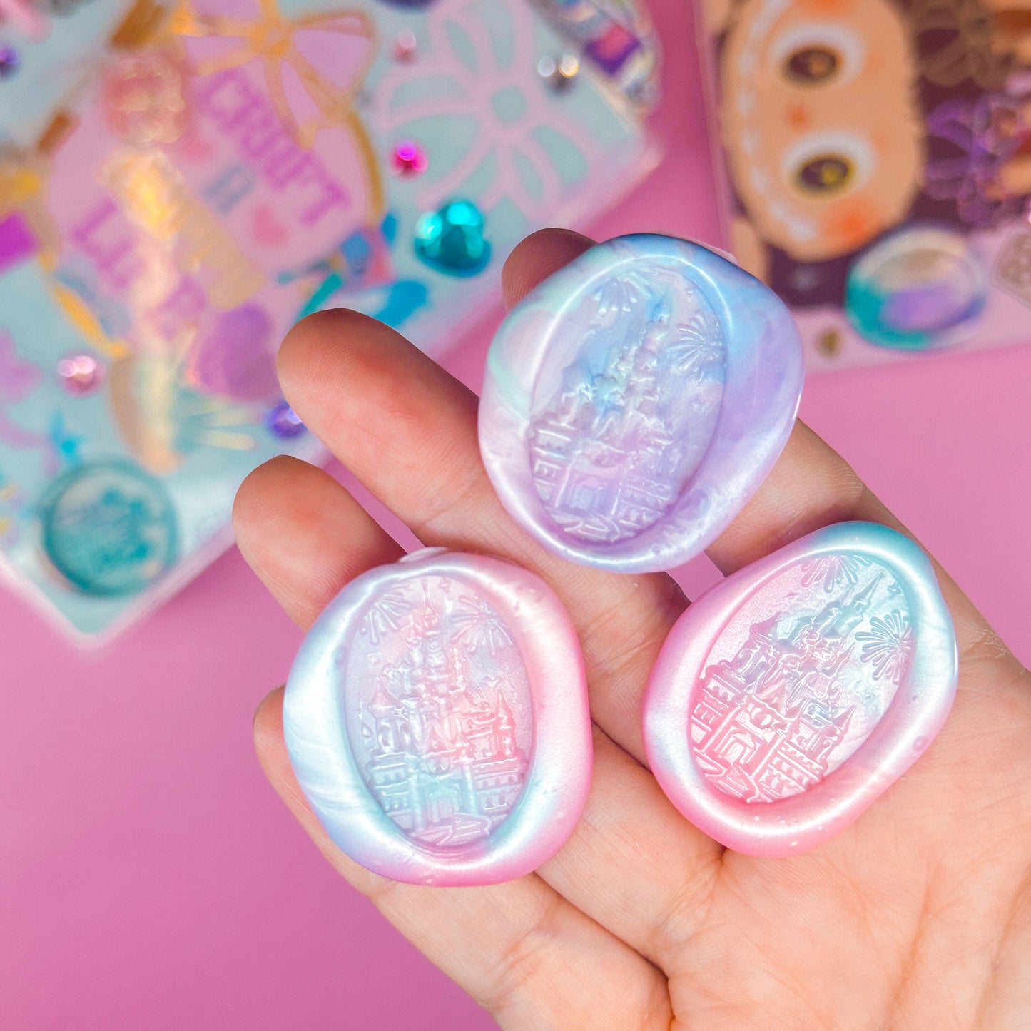 ROUND 2 - Handmade Wax Seal Stickers (Cotton Candy Colorway) - Castle & Fireworks