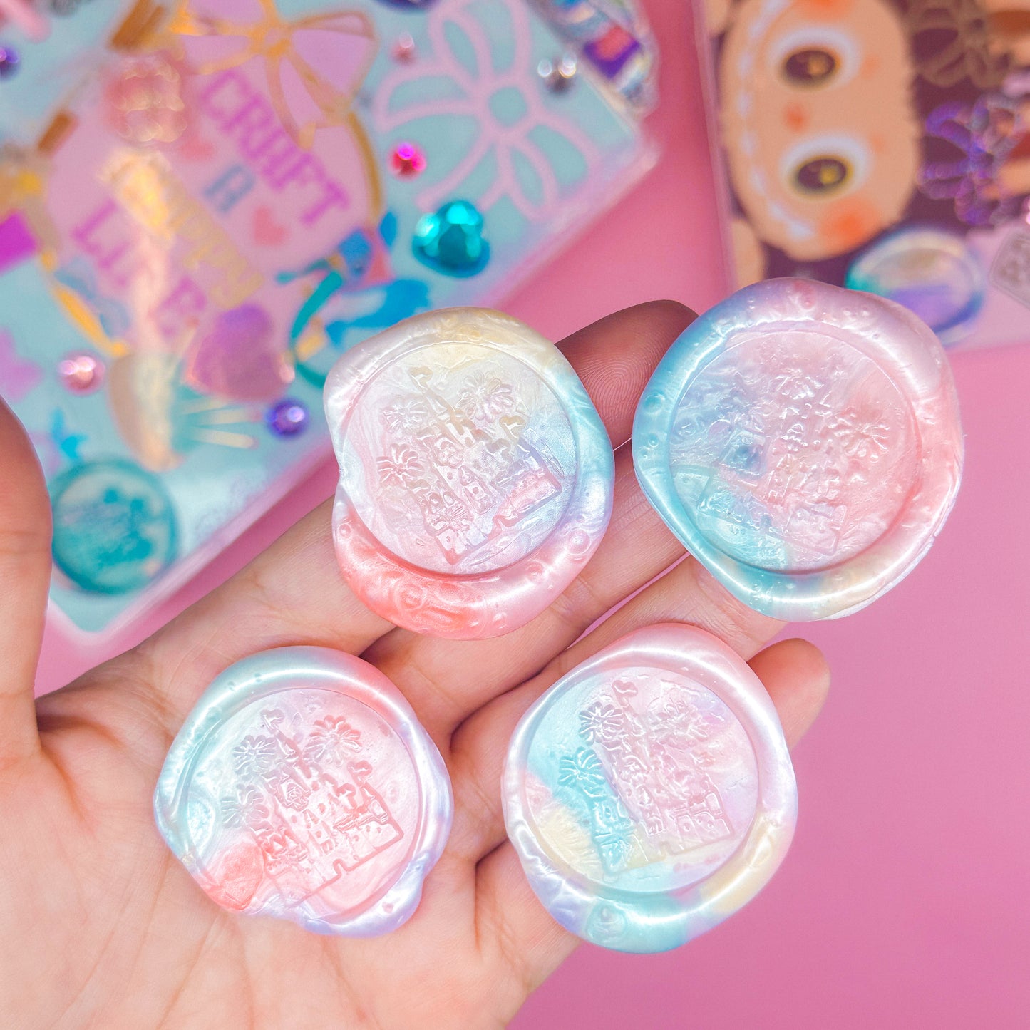 ROUND 2 - Handmade Wax Seal Stickers (Cotton Candy Colorway) - Castle & Fireworks
