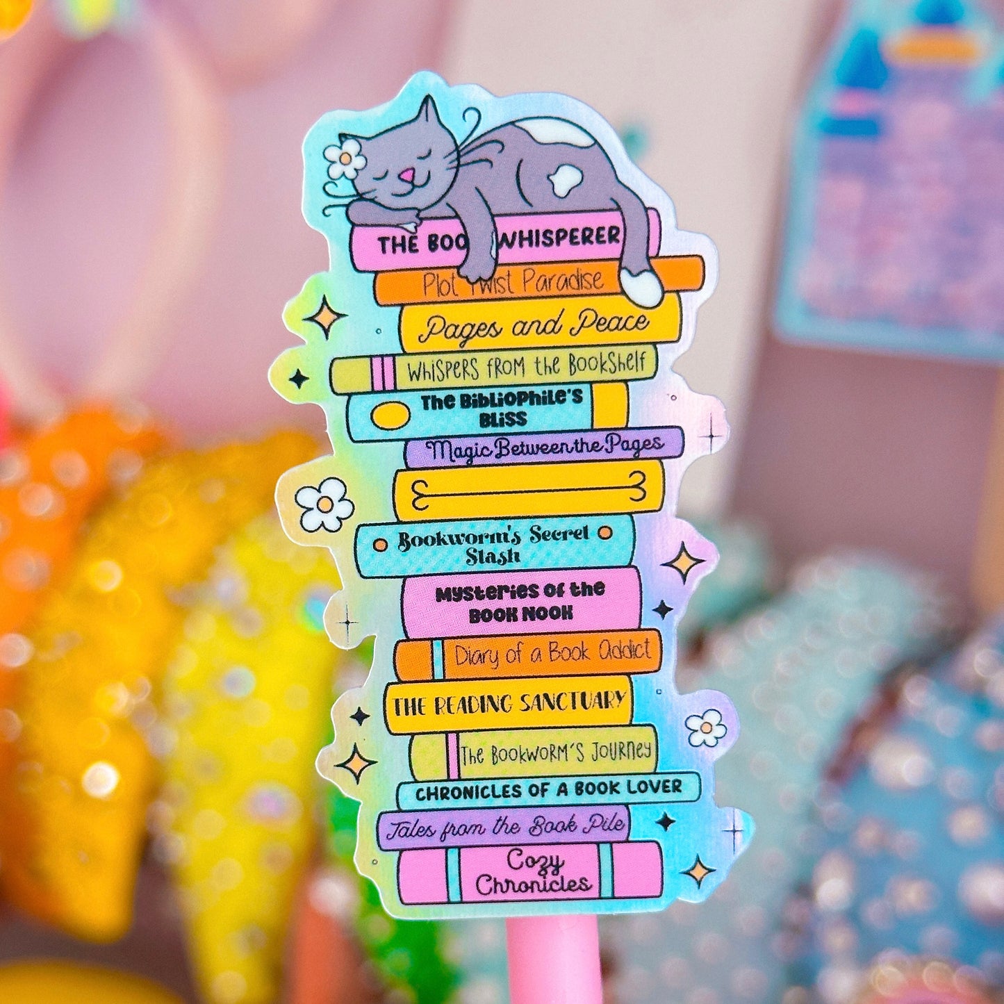 Waterproof Sticker - BOOKISH Cat Rainbow Stack