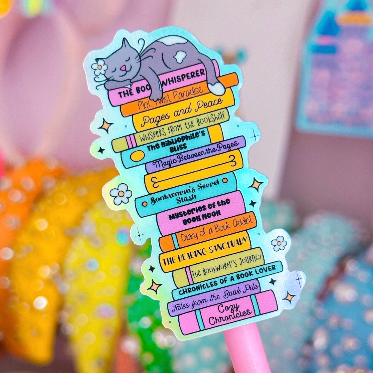 Waterproof Sticker - BOOKISH Cat Rainbow Stack