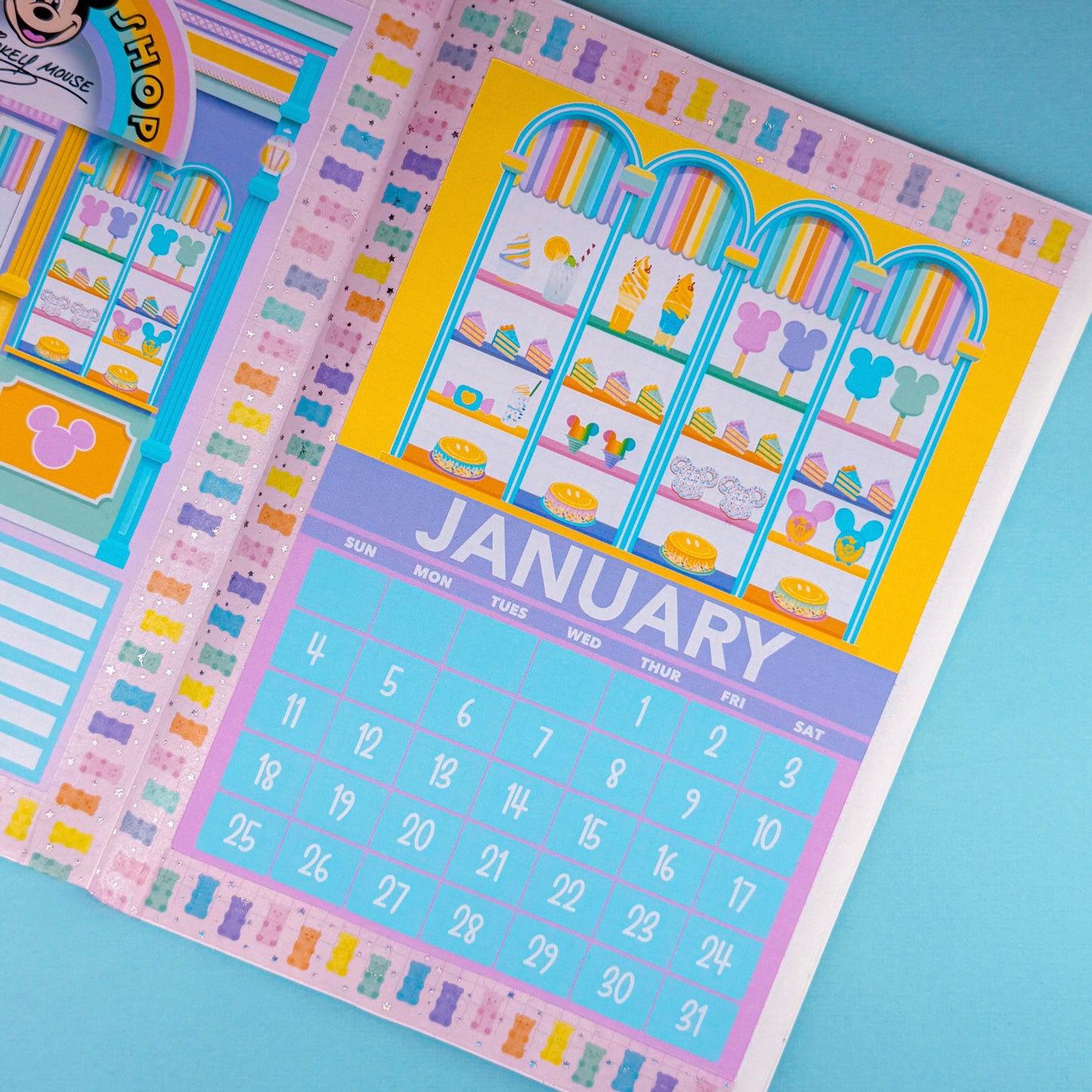 5x7 Full Page Sticker - 2026 January Calendar & Storefront (Mickey's Soda Shop)