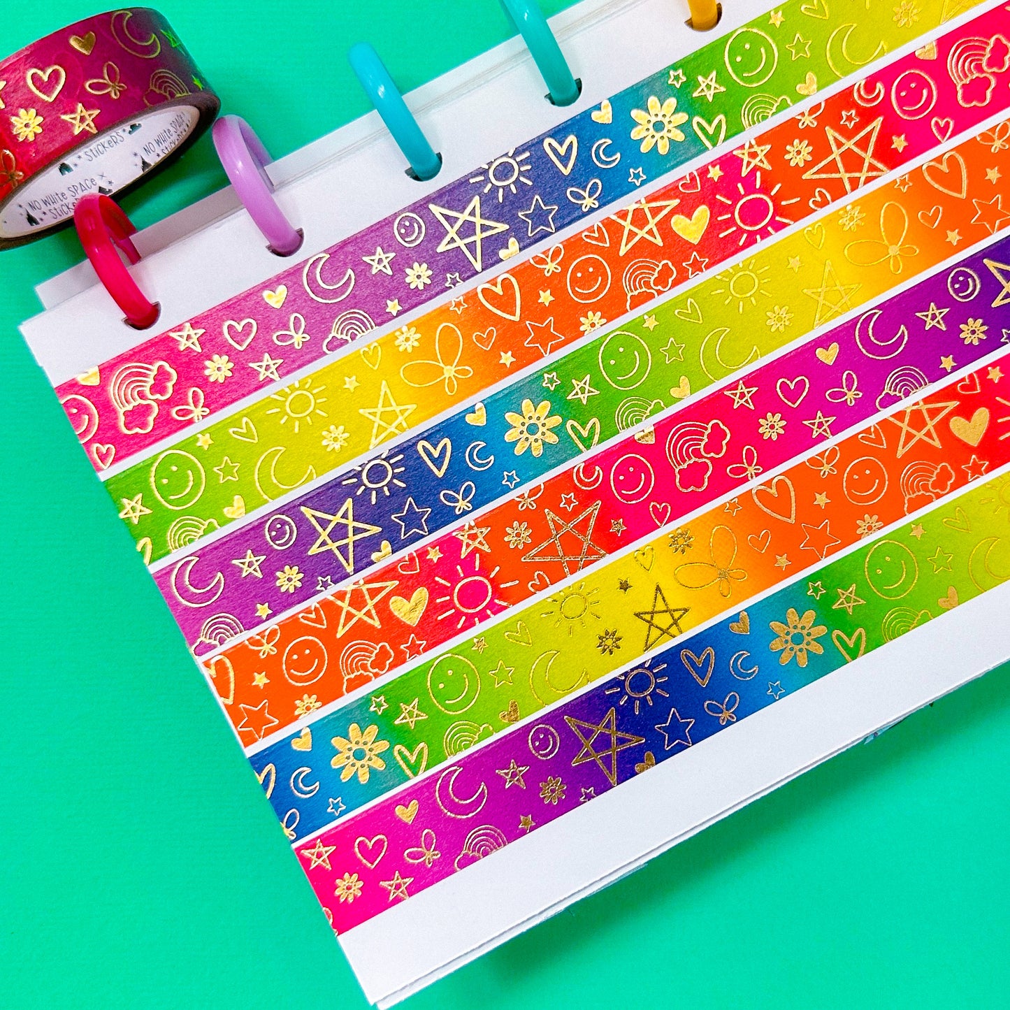 15MM Foiled Washi Tape - Rob's Doodles (Rainbow + Gold)