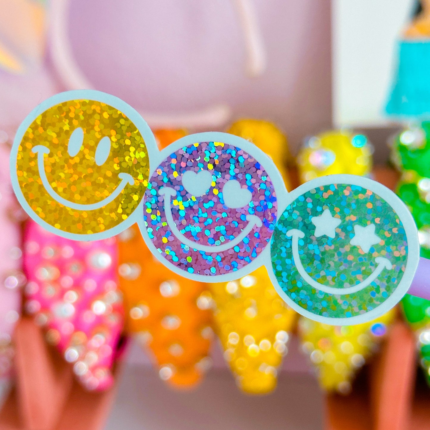 Waterproof Sticker - Glitter Smiley Trio (Yellow, Pink, Green)