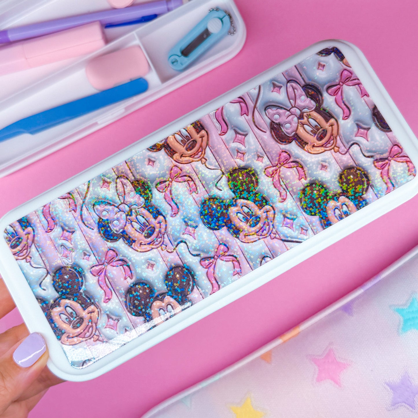 White Pencil Case - Glittery 3D Balloons & Bows