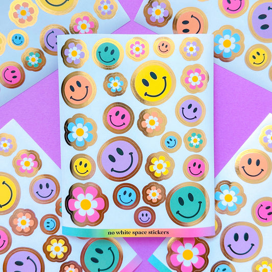 FOILED Paper Deco Stickers - Groovy Happy Faces & Flowers
