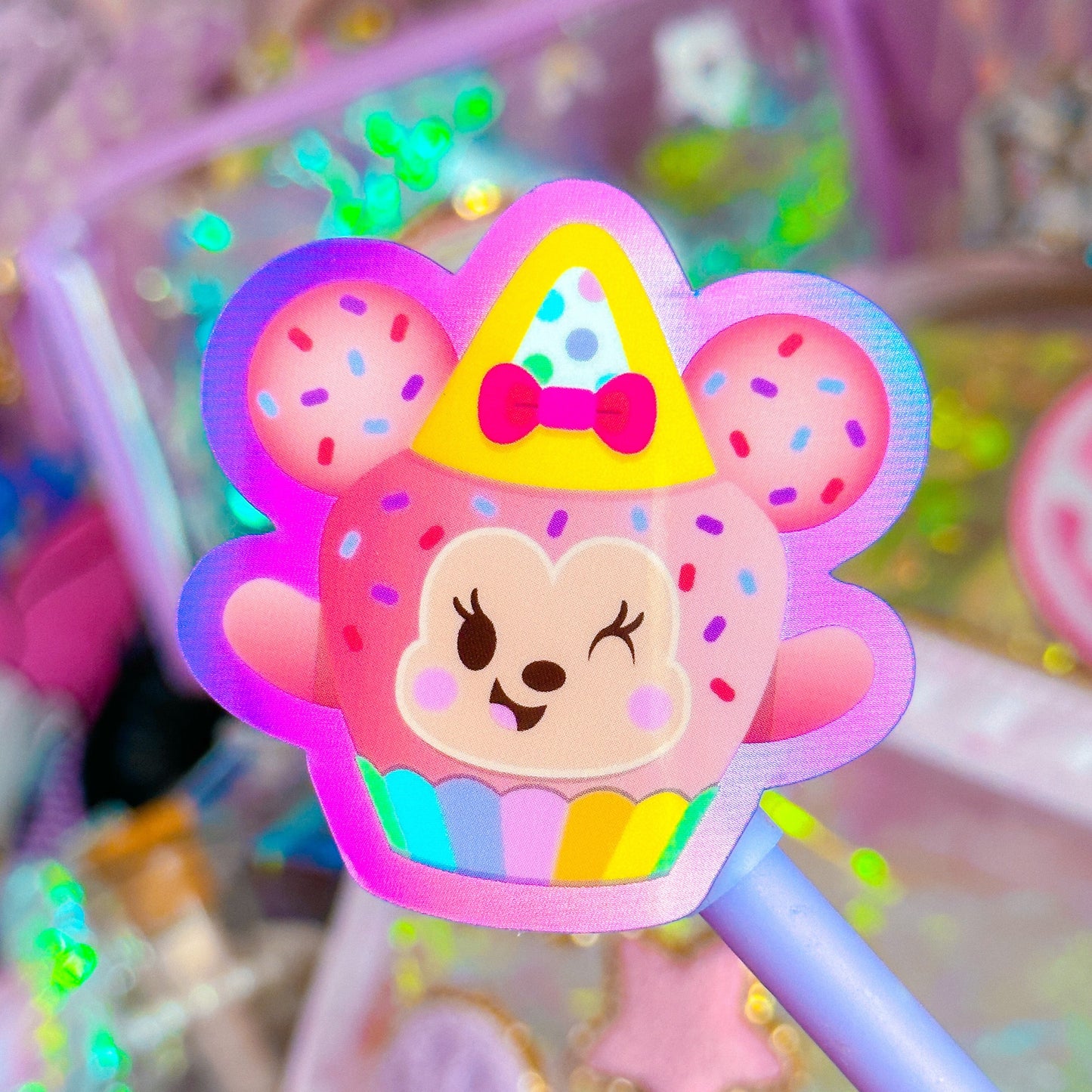 Glitter Waterproof Sticker - Cupcake Minnie