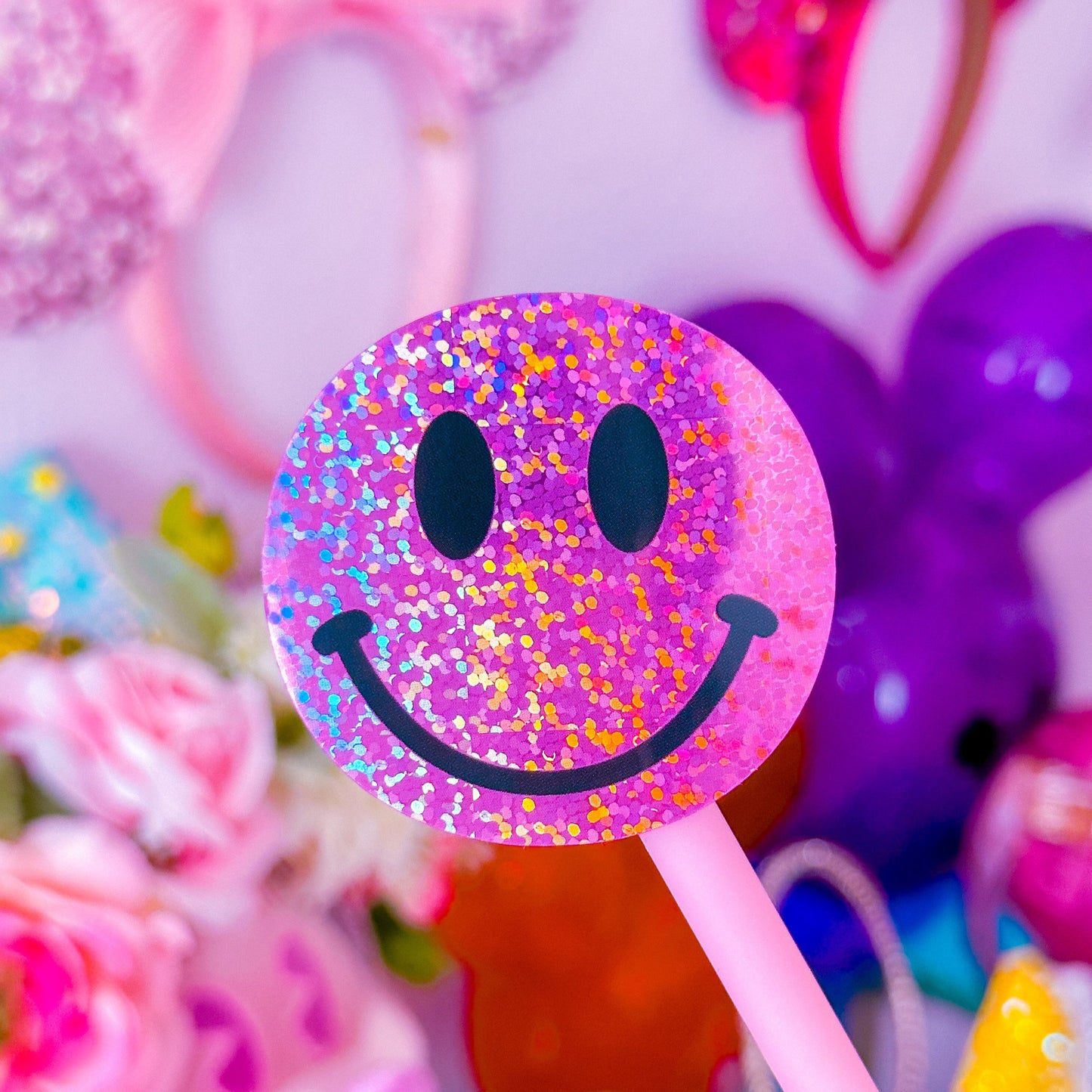 Glitter Waterproof Sticker - Pink Happy Face