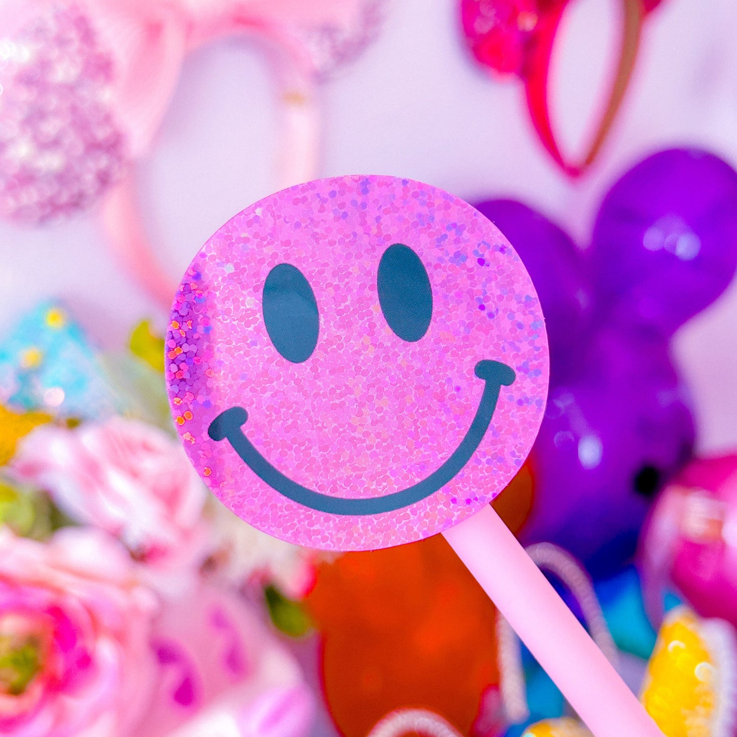 Glitter Waterproof Sticker - Pink Happy Face