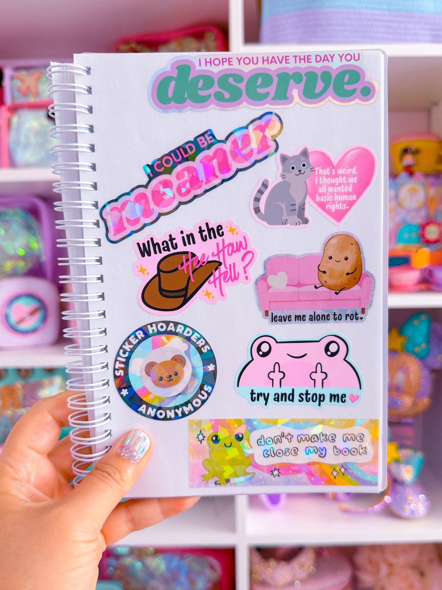 Notebook with colorful stickers held in front of a shelf with toys and stationery items.
