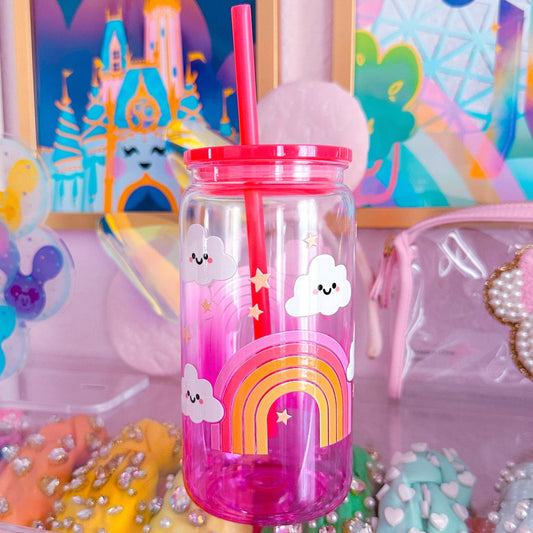 16 oz Ombre Jelly Plastic Cup - Happy Rainbows & Clouds