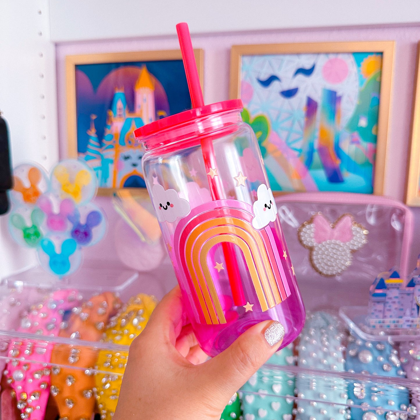 16 oz Ombre Jelly Plastic Cup - Happy Rainbows & Clouds