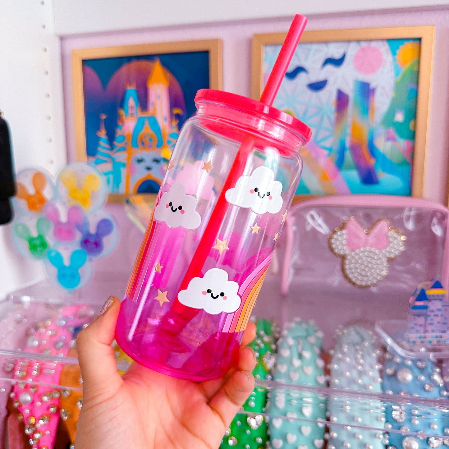 16 oz Ombre Jelly Plastic Cup - Happy Rainbows & Clouds