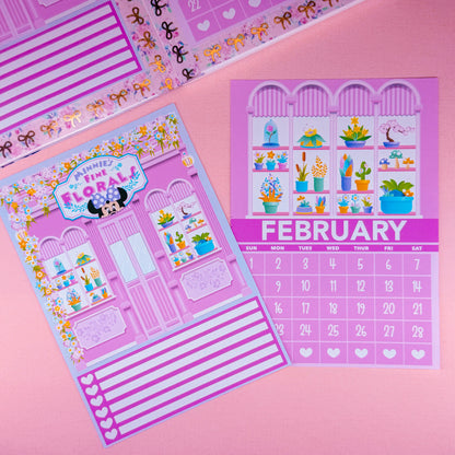 5x7 Full Page Sticker - 2026 February Calendar & Storefront (Minnie's Flowers)