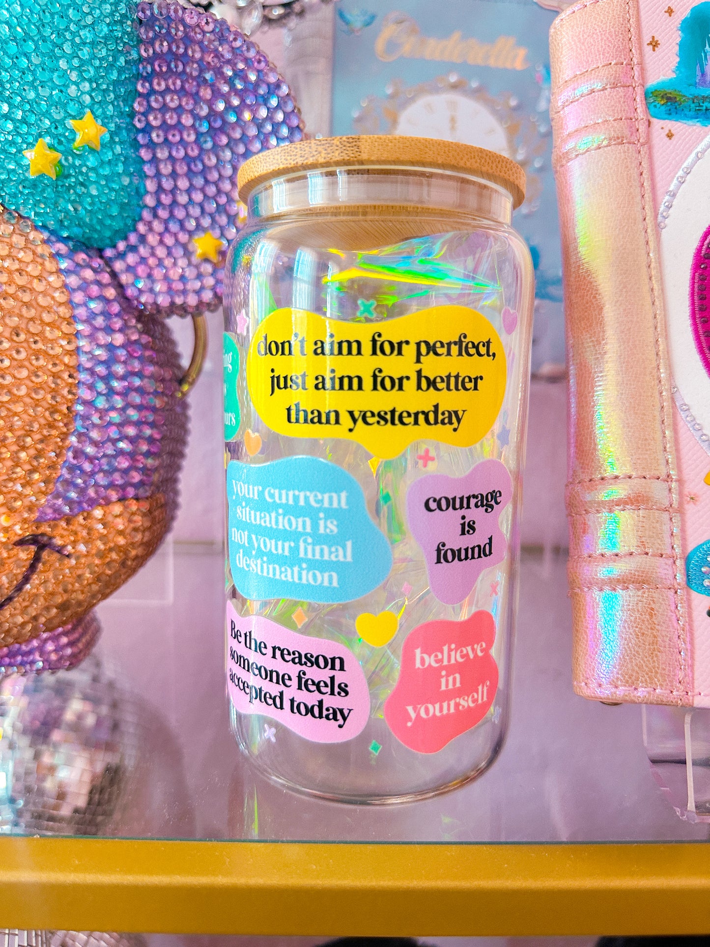 16oz Clear Glass Can FULL WRAP - Rainbow Quotes