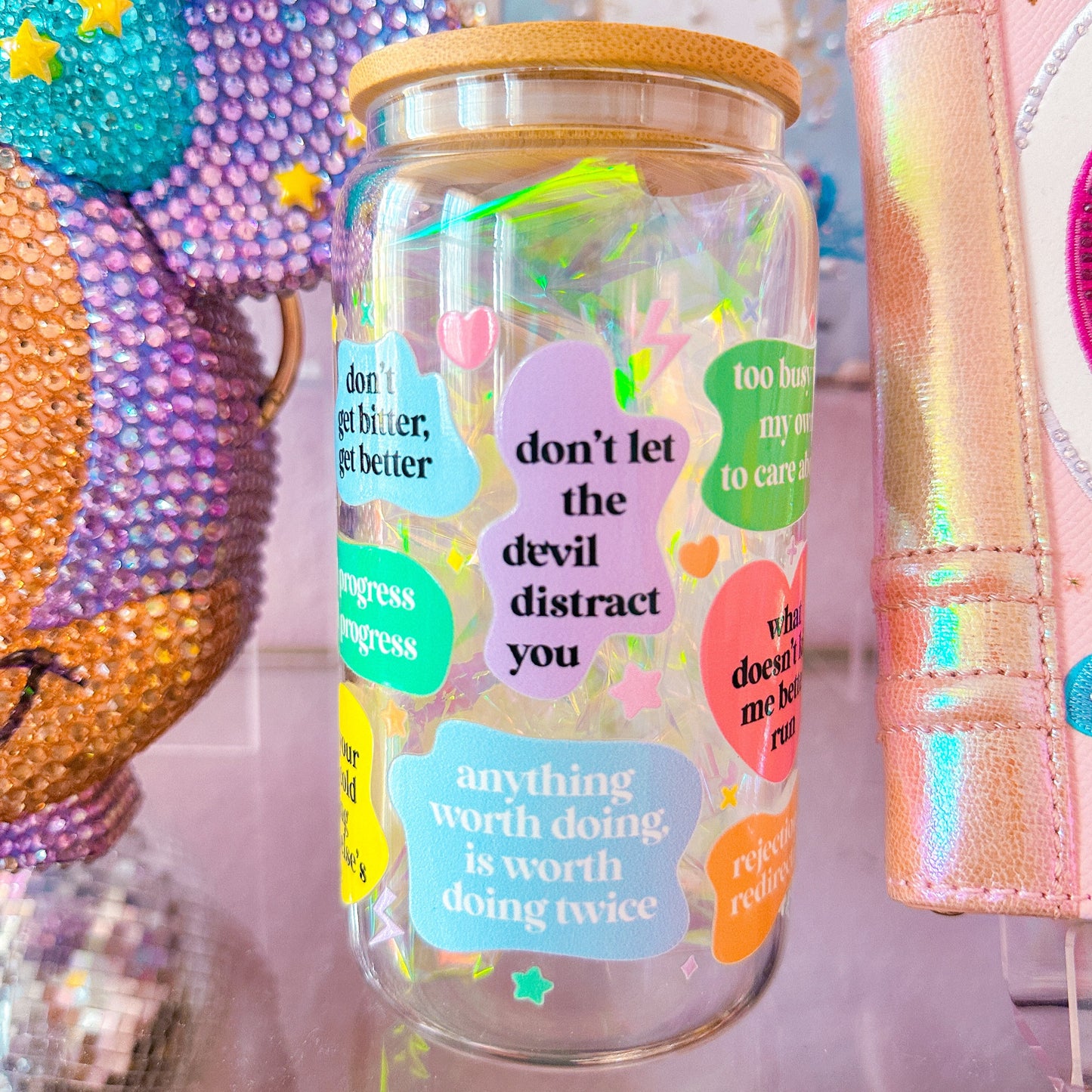 16oz Clear Glass Can FULL WRAP - Rainbow Quotes
