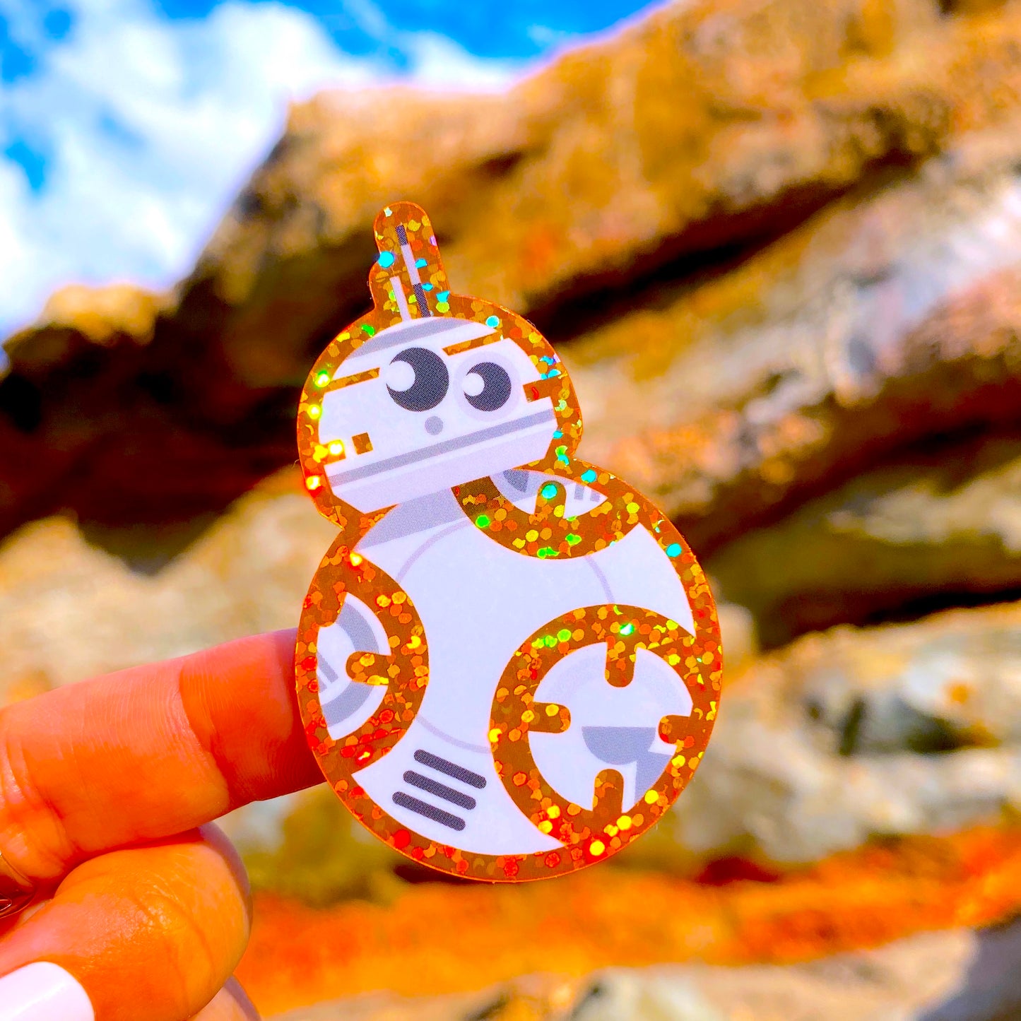 *LAST CHANCE* WATERPROOF Sticker - Orange Glitter Droid